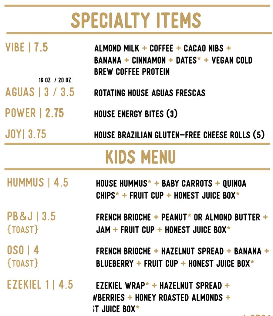Honest Eatery menu - specialty items, kids
