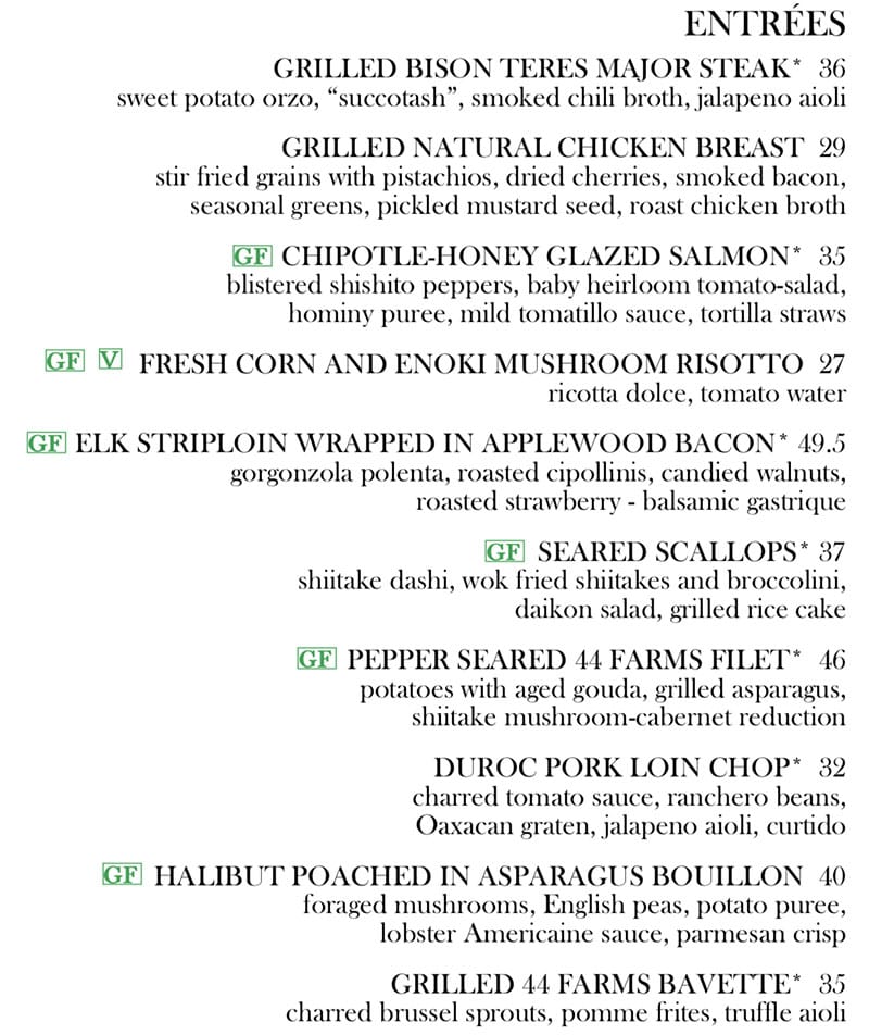 Log Haven Spring 2019 menu - entrees