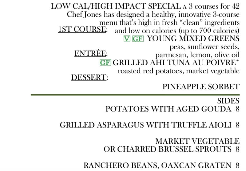 Log Haven Spring 2019 menu - low calorie, sides