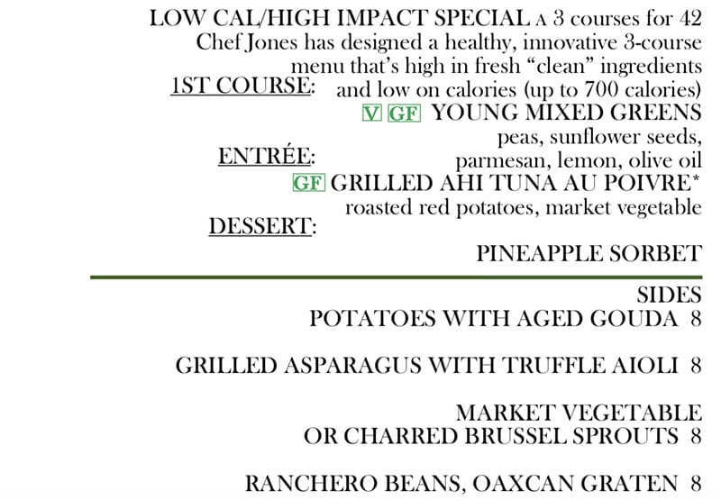 Log Haven Spring 2019 menu - low calorie, sides