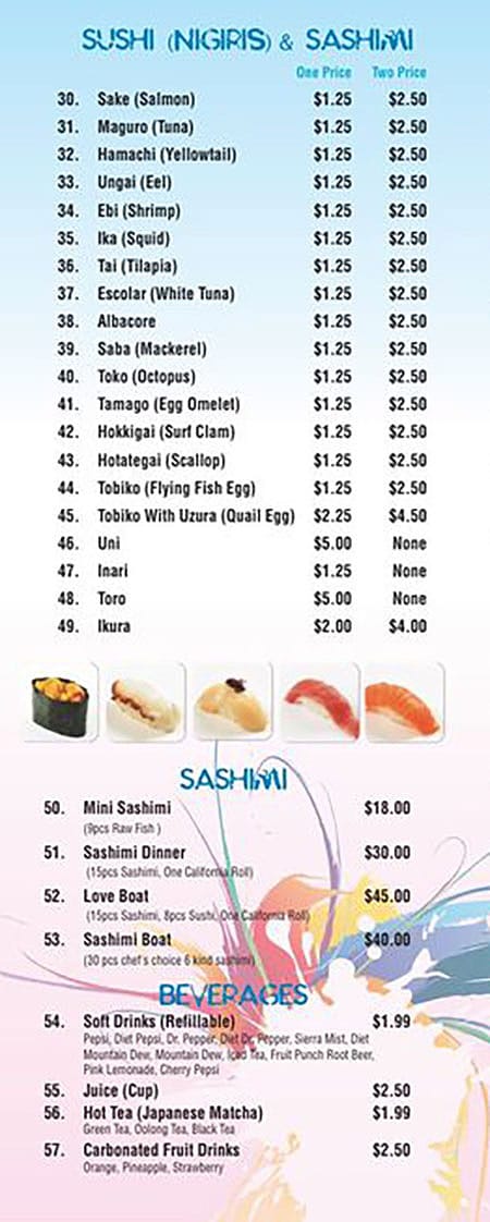 Mai Sushi menu - nigiri, sashimi