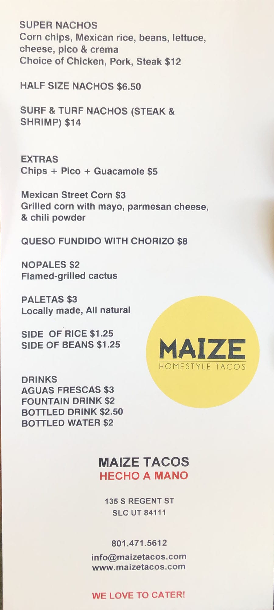 Maize Tacos menu - other items