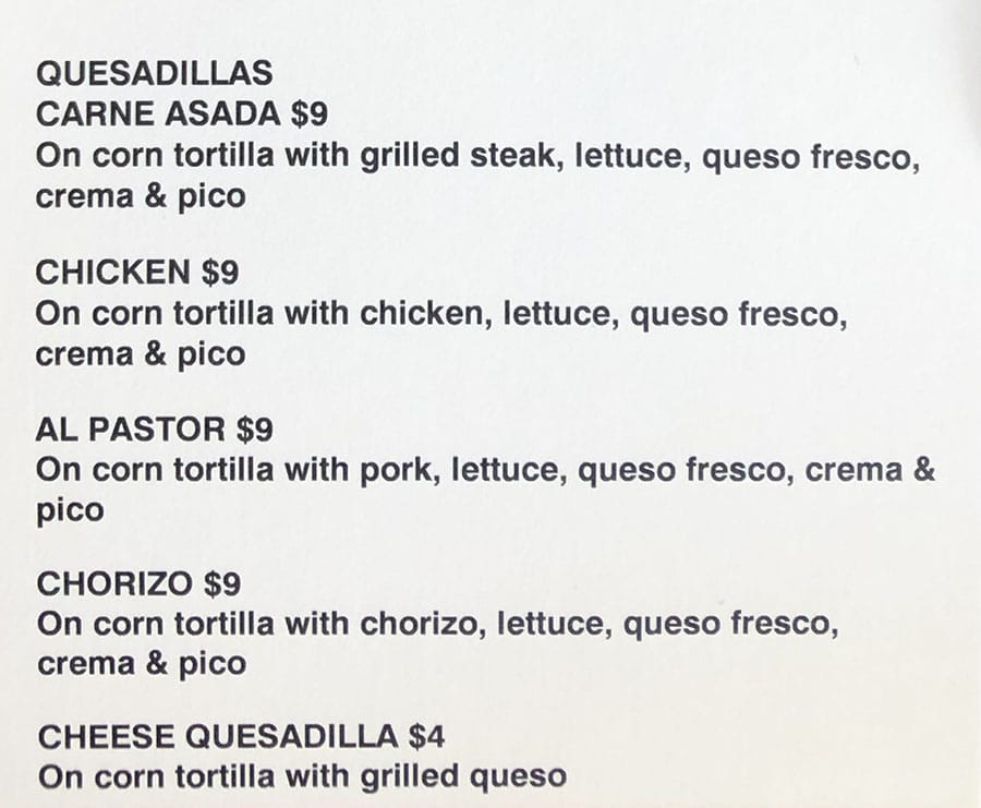 Maize Tacos menu - quesadillas