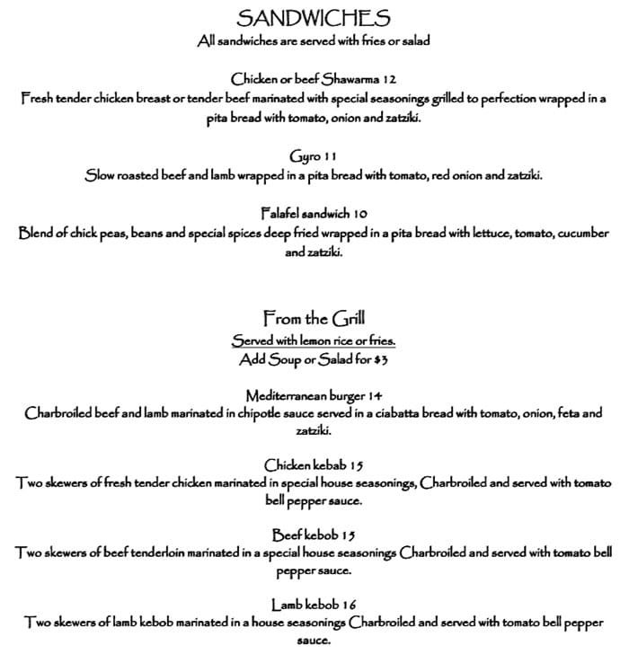 Pasha Middle Eastern Cuisine menu - sandwiches, grill