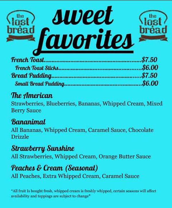 The Lost Bread food truck menu - french toast, bread pudding