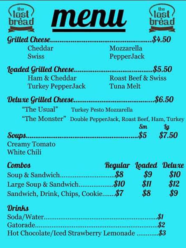 The Lost Bread food truck menu - grilled cheese, soup, combo