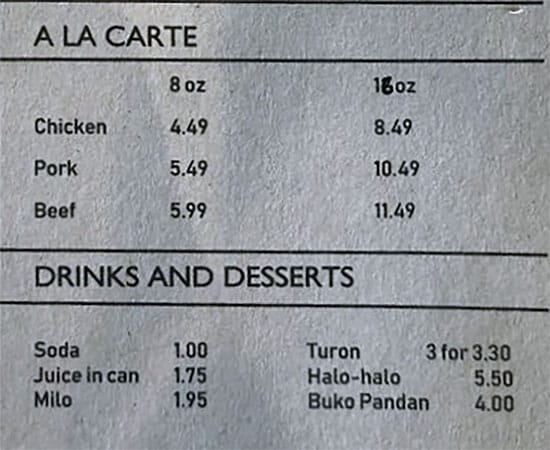 BFF Turon menu - ala carte, drinks, dessert