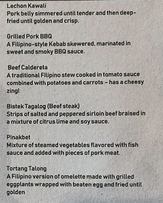 BFF Turon menu - entrees continued