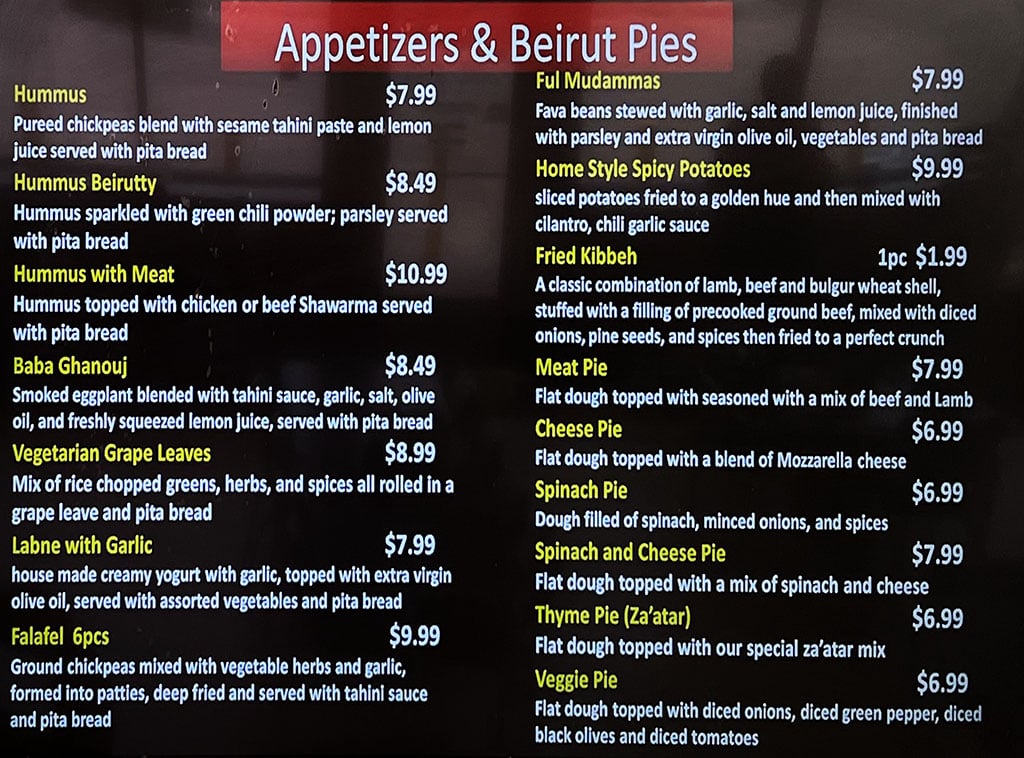 Beirut Cafe menu - appetizers and Beirut pies