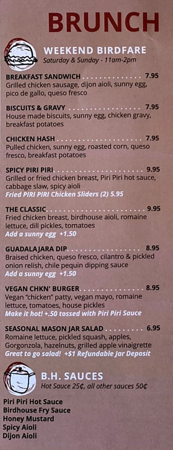 Birdhouse brunch menu