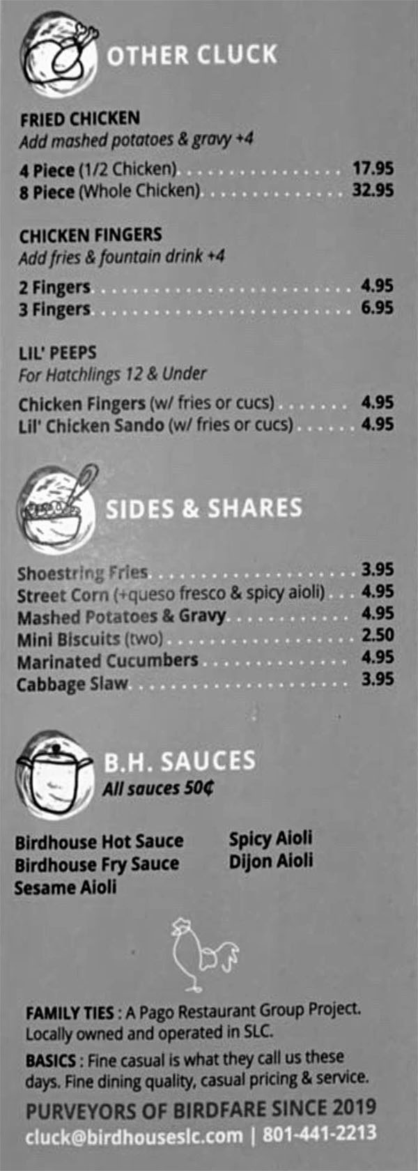 Birdhouse chicken menu - other cluck, sides, shares, sauces