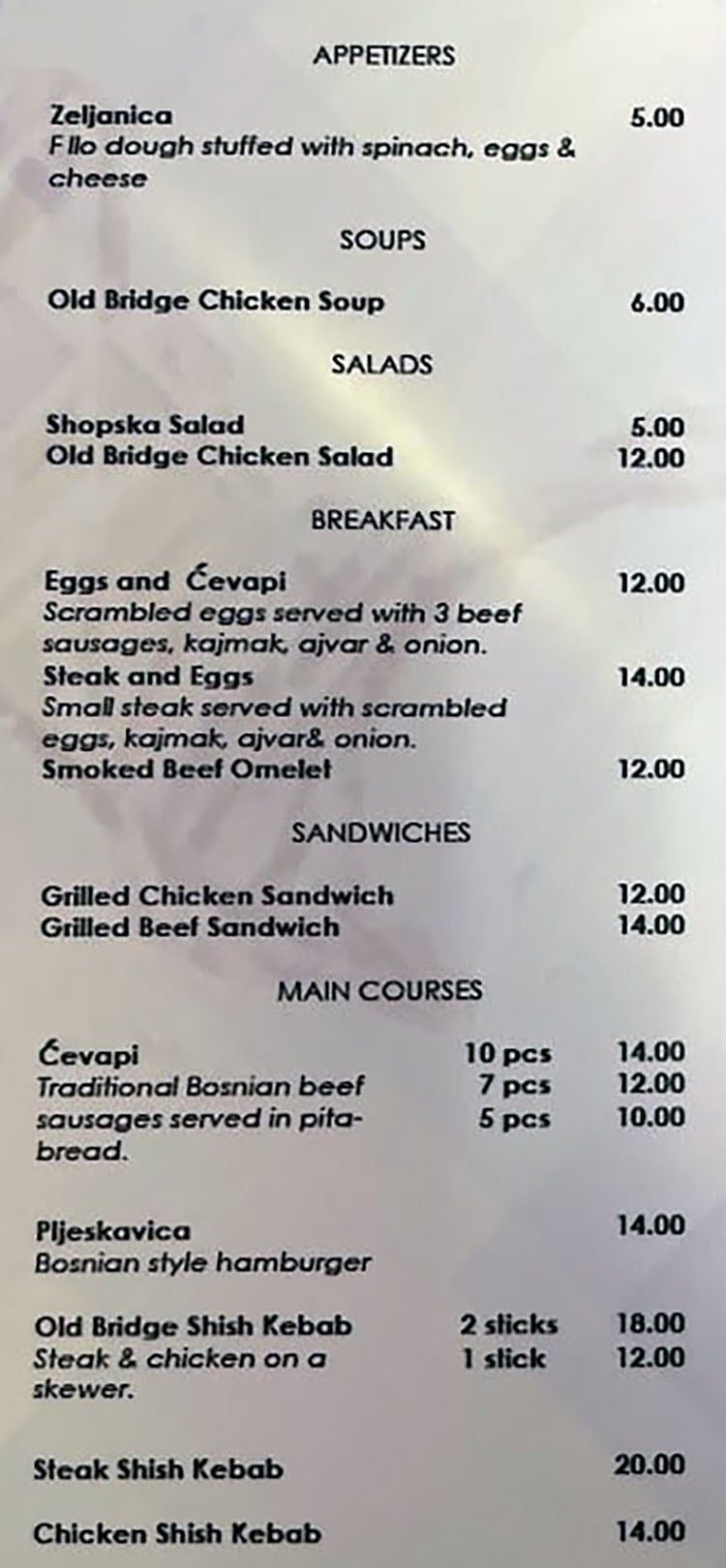 Old Bridge Cafe menu - page one