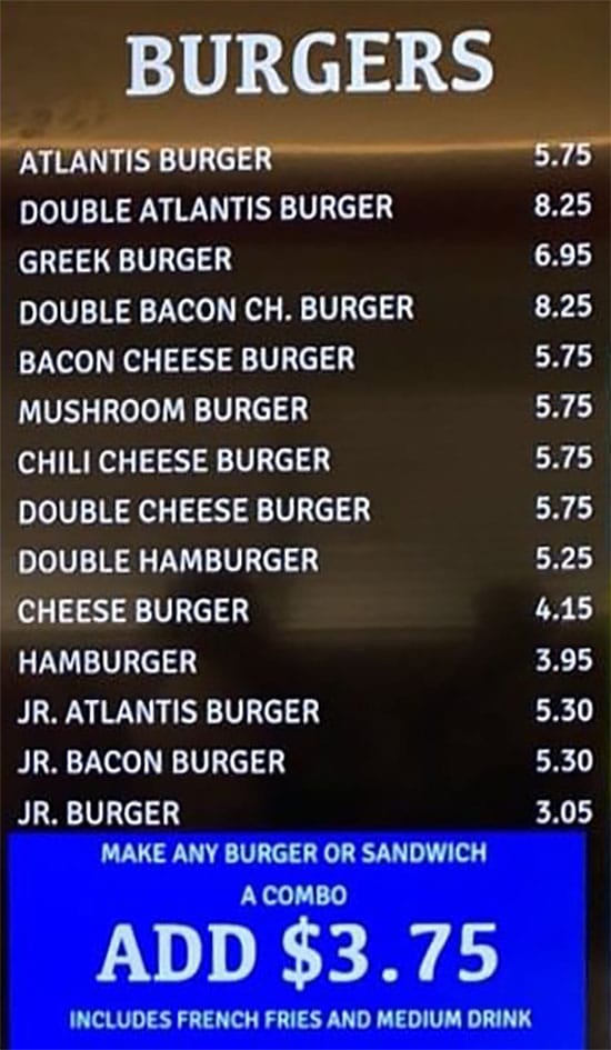 Atlantis Burgers menu - burgers