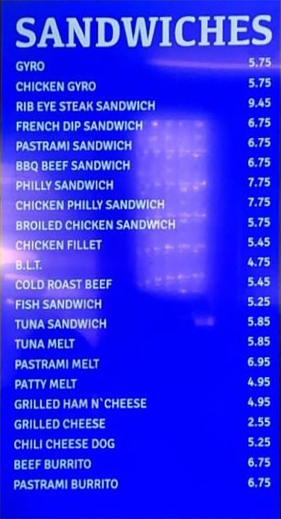 Atlantis Burgers menu - sandwiches