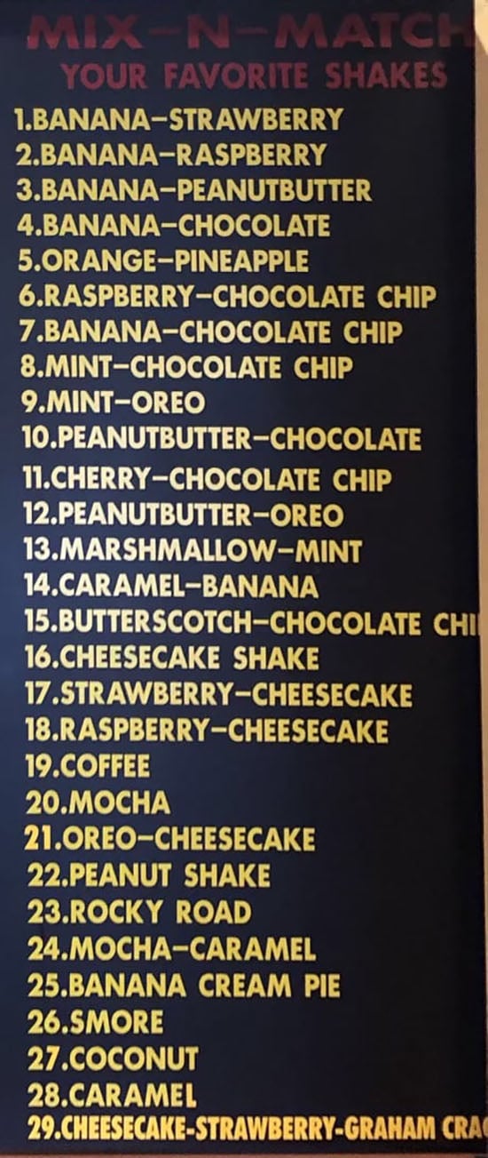 B&D Burgers 2021 menu - mix and match shake flavors
