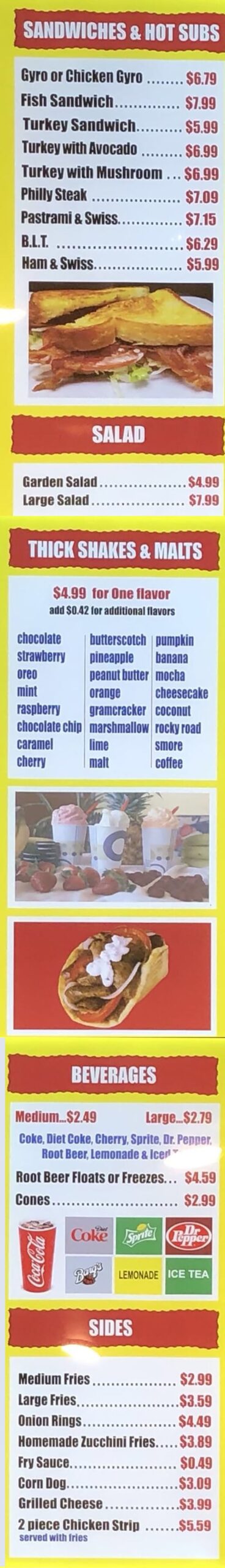 B&D Burgers 2021 menu - sandwiches, subs, shakes, malts, beverages