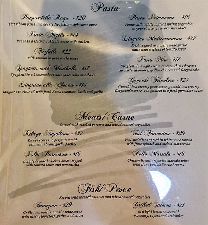 Bella Vita menu - pasta, meats, fish