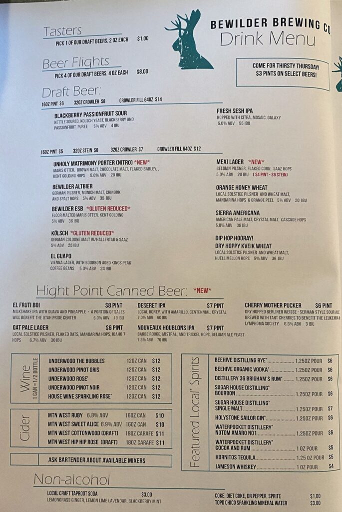 Bewilder Brewing menu - alcohol