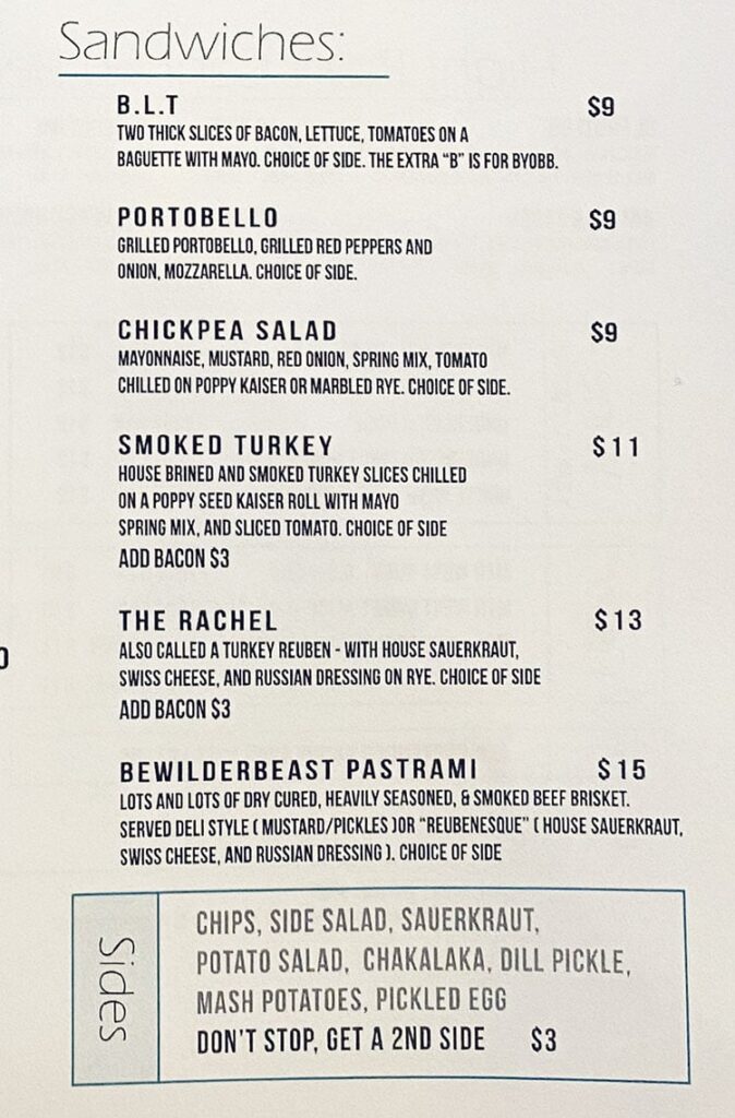 Bewilder Brewing menu - sandwiches, sides