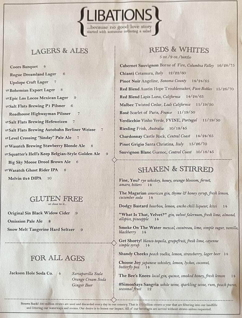 Carson Kitchen SLC menu - Sep 2022 drinks