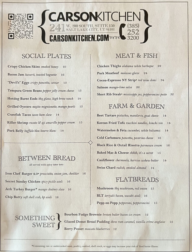 Carson Kitchen SLC menu - Sep 2022 food