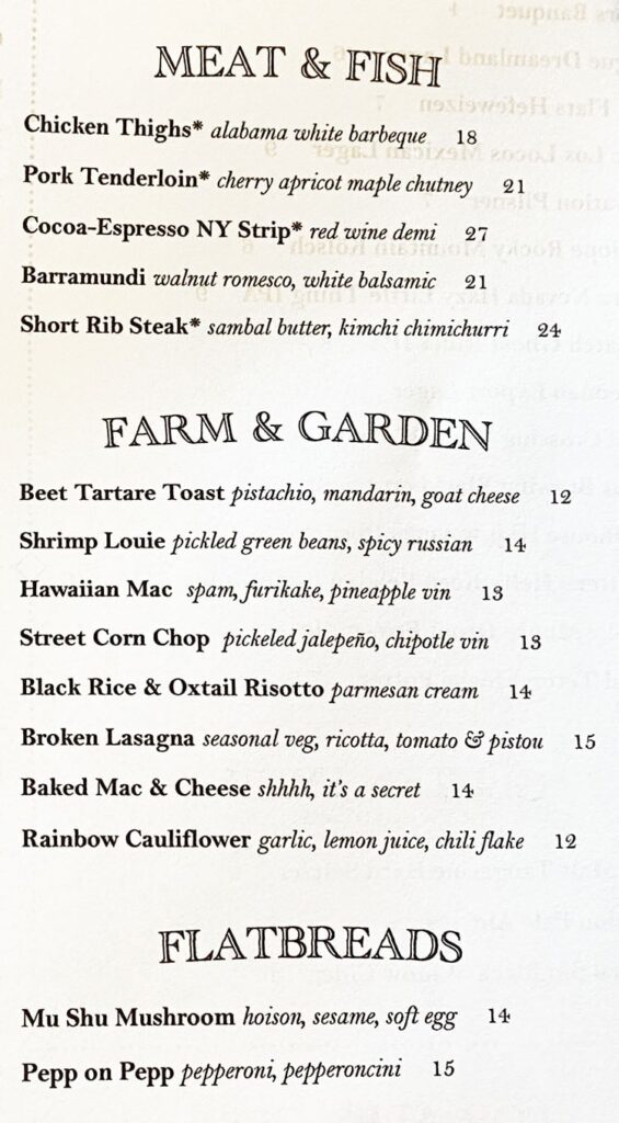 Carson Kitchen SLC menu - meat, fish, veggies, flatbread