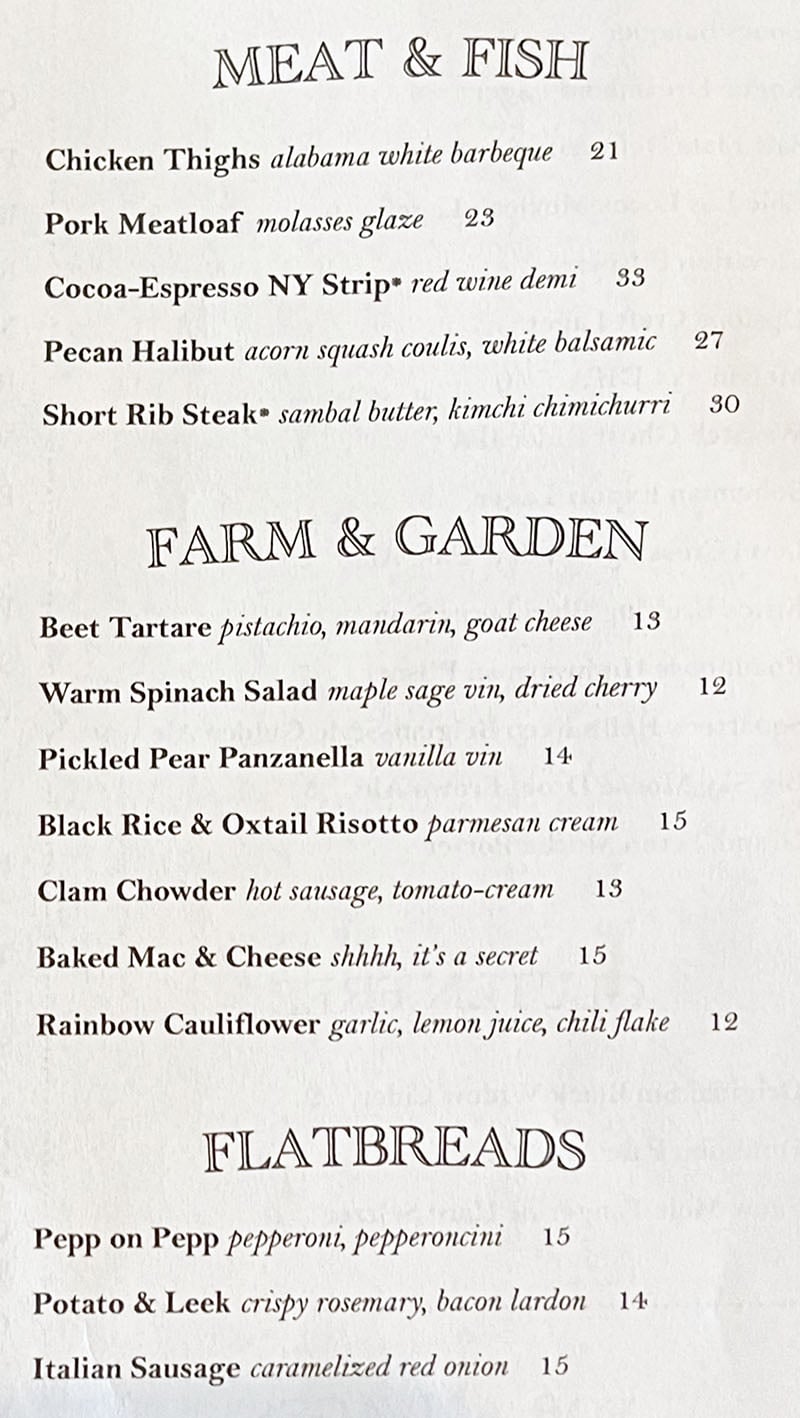 Carson Kitchen Salt Lake city menu - meat,fish, veggies, flatbreads