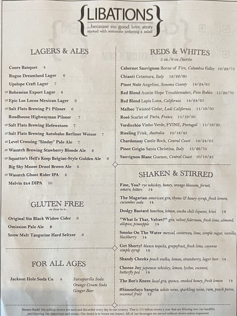 Carson Kitchen menu - drinks July 2022