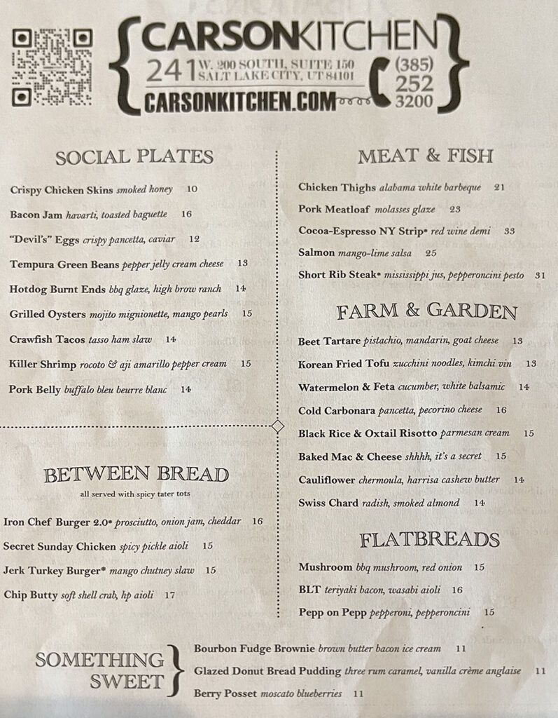 Carson Kitchen menu - food July 2022