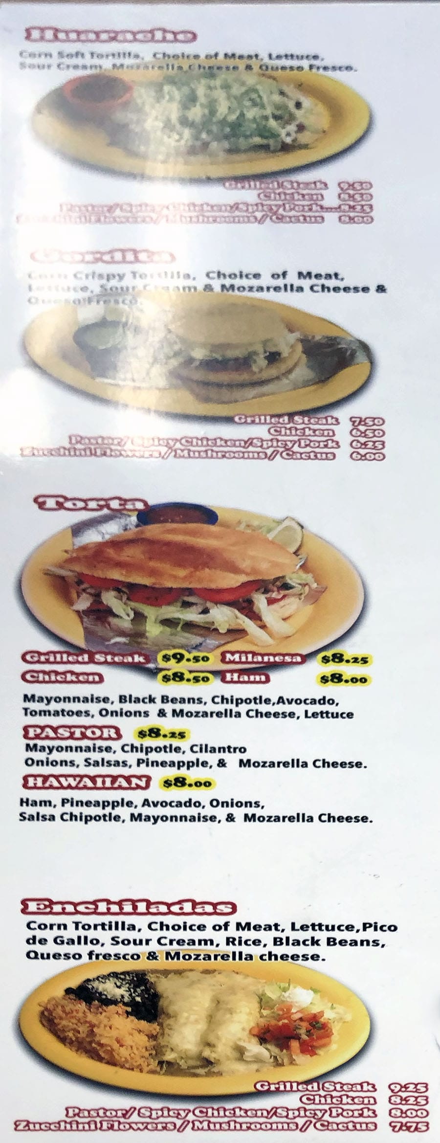 Chunga's menu - huarache, gordita, torta, enchiladas