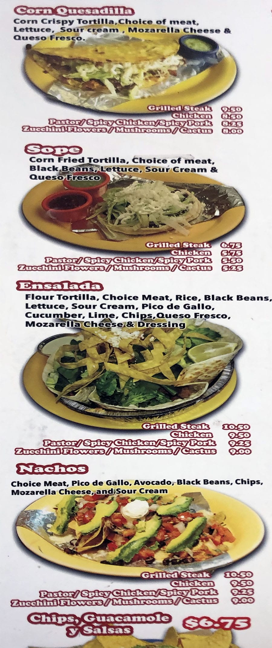 Chunga's menu - quesadilla, sope, ensalada, nachos, guacamole