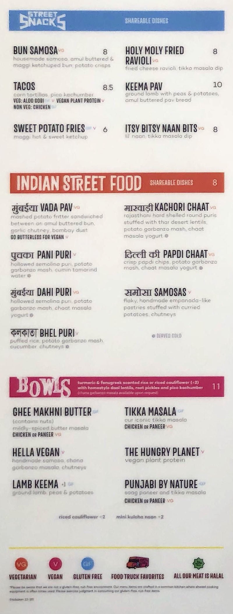 Curry Up Now menu - street snacks, Indian street food, bowls