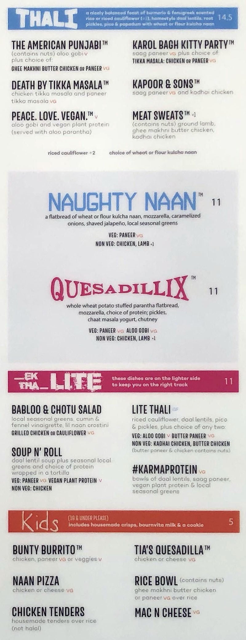 Curry Up Now menu - thali, naan, lite, kids