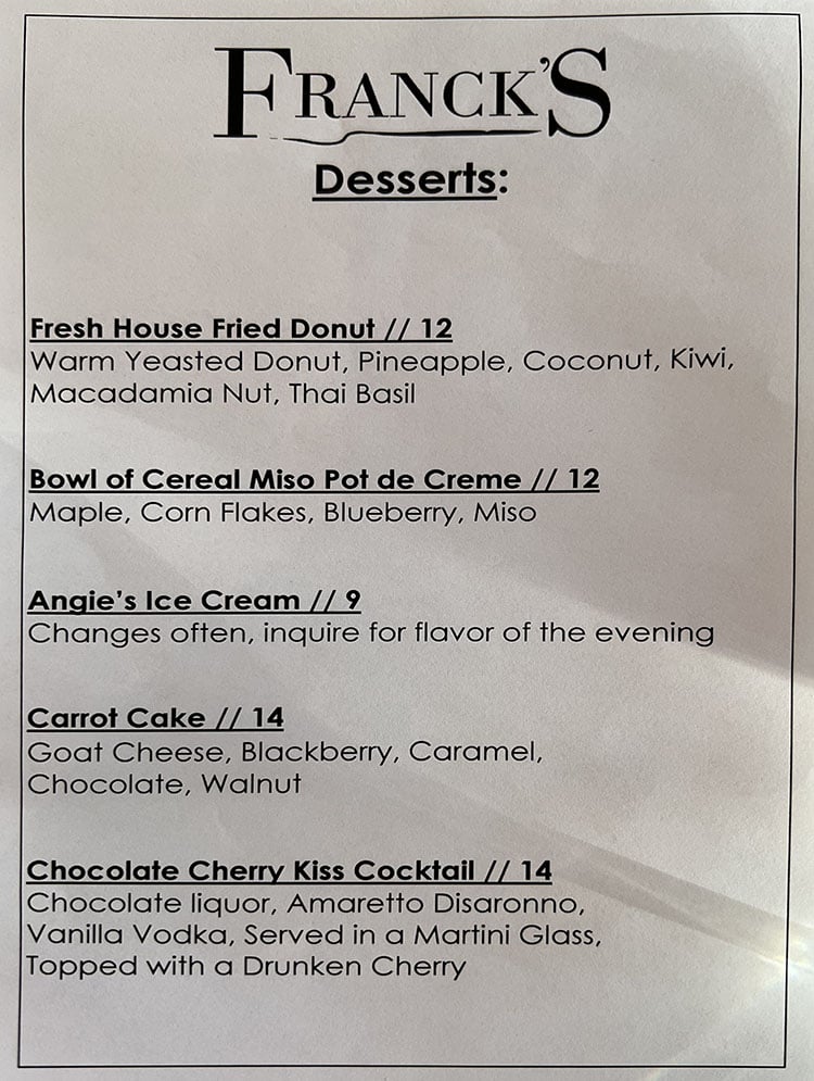 Franck's 2023 menu - dessert