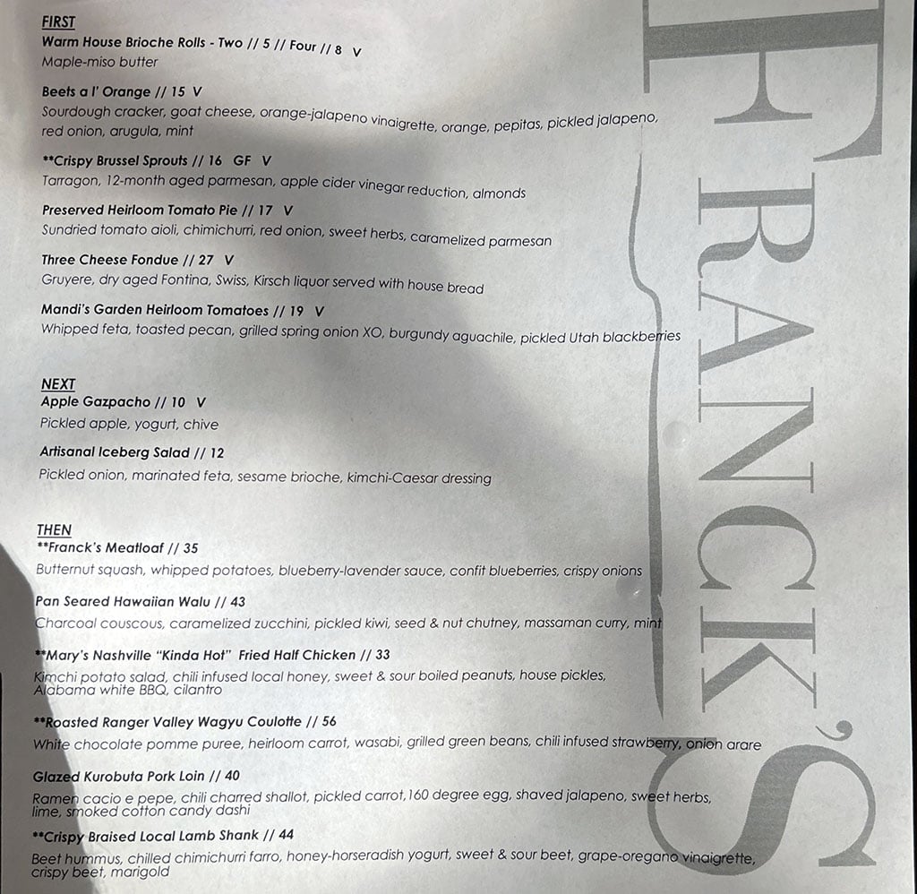 Franck's 2023 menu - dinner