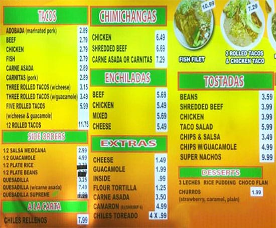 Gual Bertos menu - tacos, enchiladas, sides, extras, tostadas