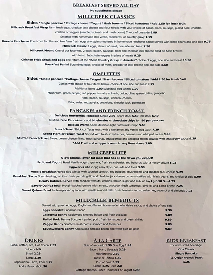 Millcreek Cafe And Eggworks menu - breakfast, omelettes, pancakes, toast, benedicts