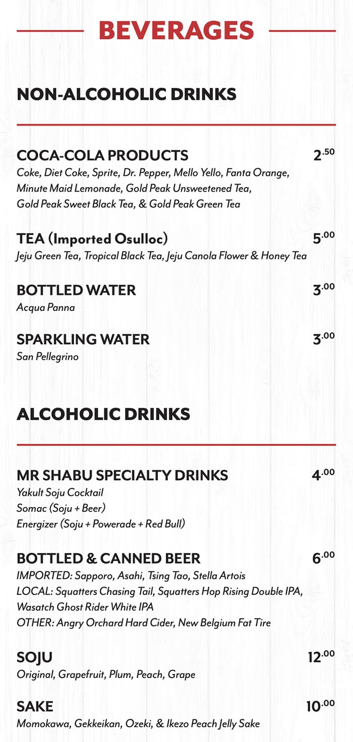 Mr Shabu menu - beverages