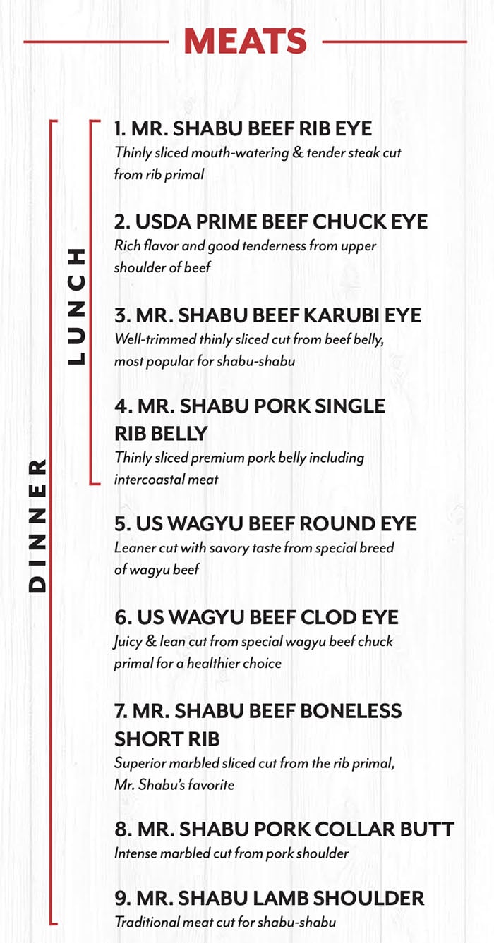 Mr Shabu menu - meats