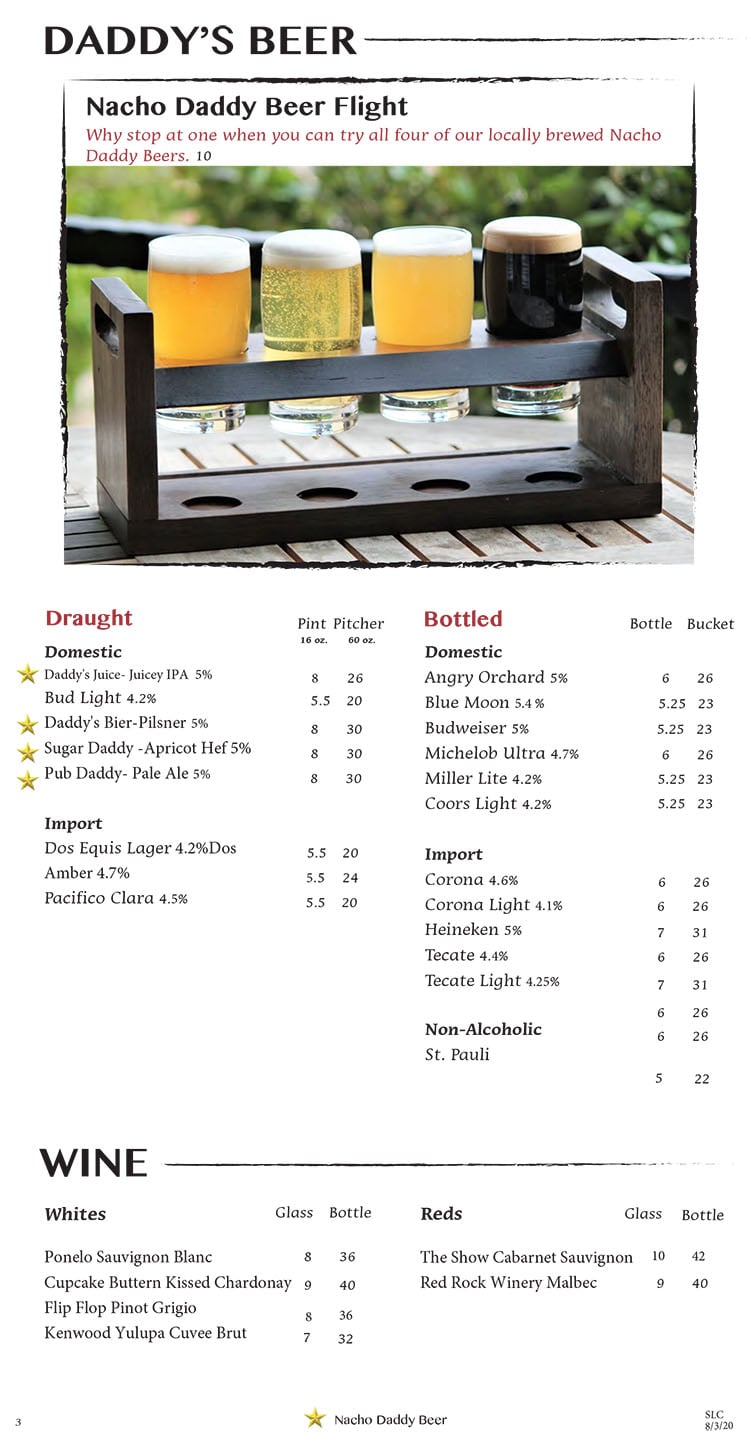 Nacho Daddy menu - beer, wine