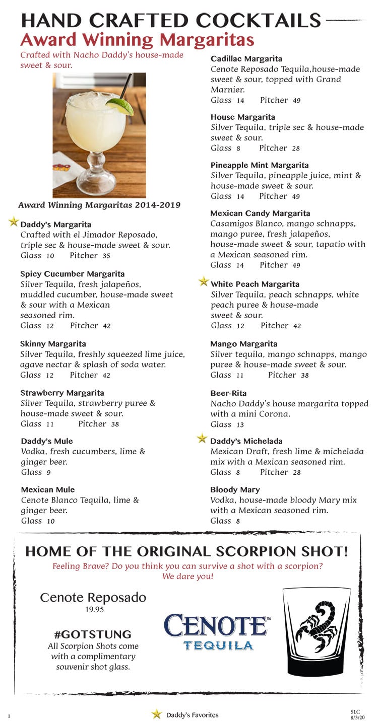 Nacho Daddy menu - cocktails