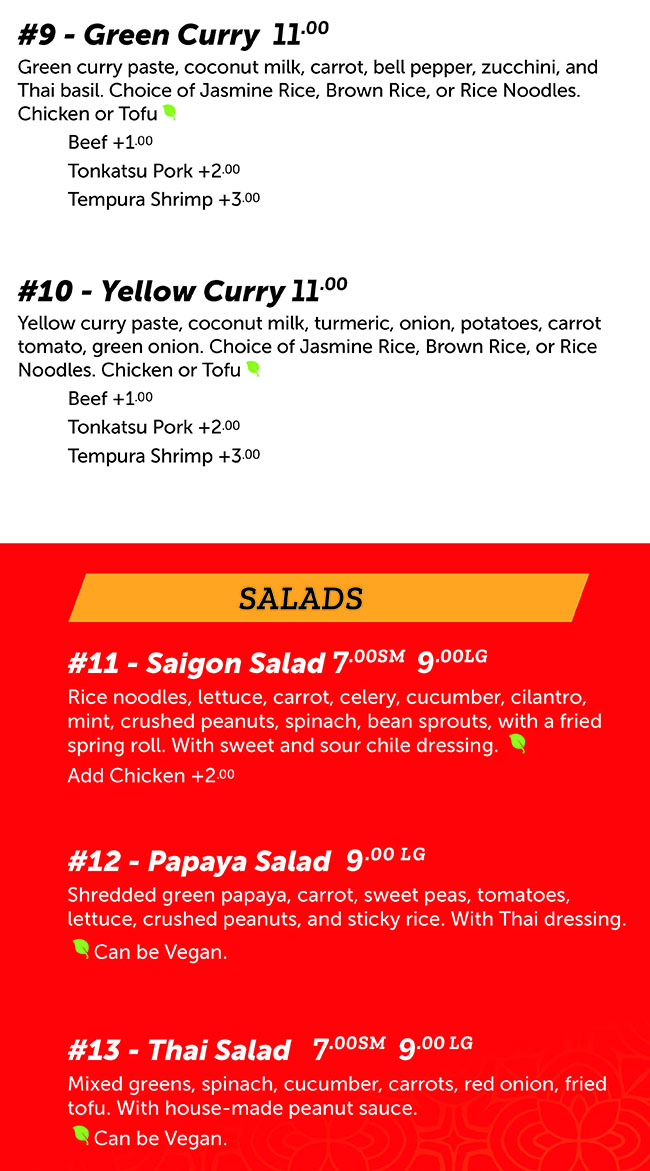 Noodle Run menu - curry, salads