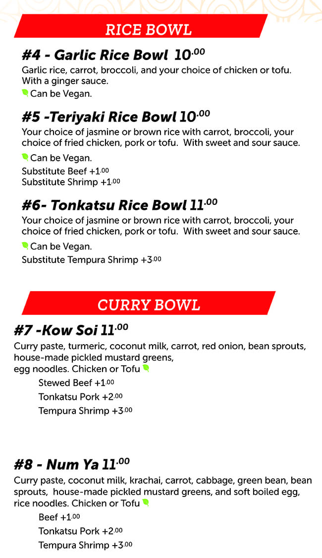 Noodle Run menu - rice bowl, curry bowl