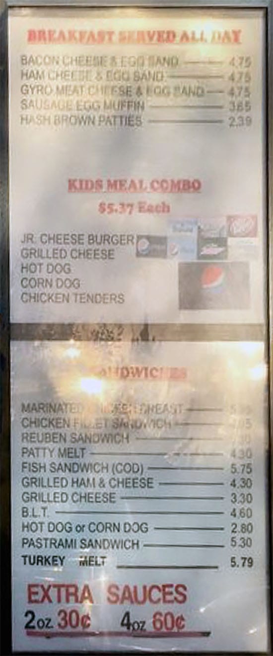 Olympus Burger menu - breakfast, kids, sandwiches