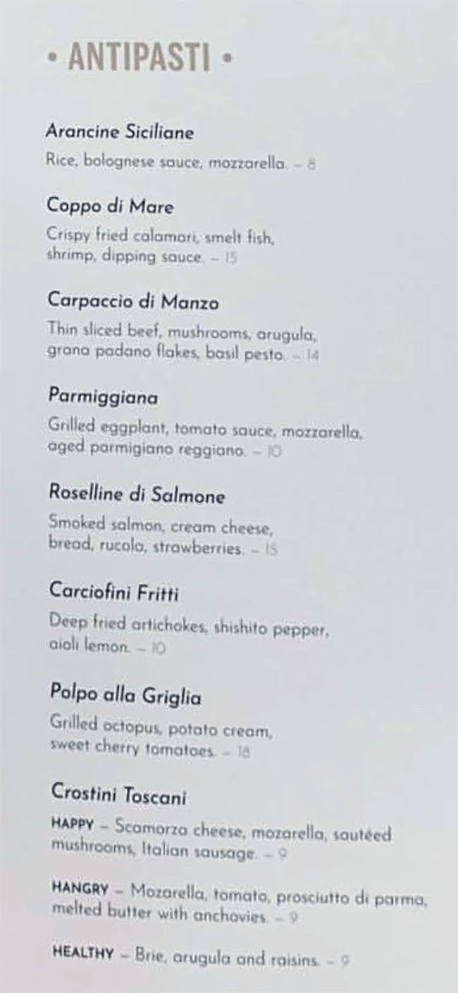 Osteria Amore menu - antipasti