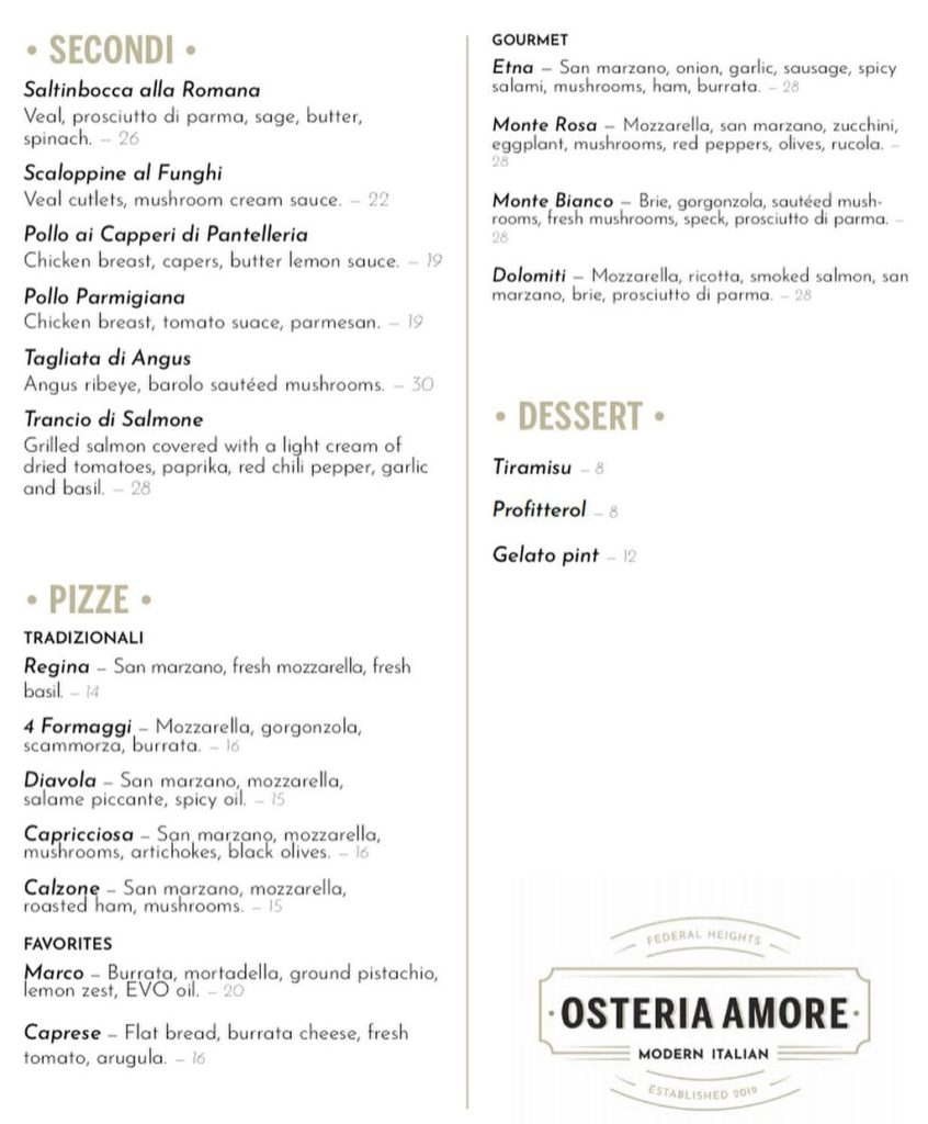 Osteria Amore menu - delivery and curbside continued