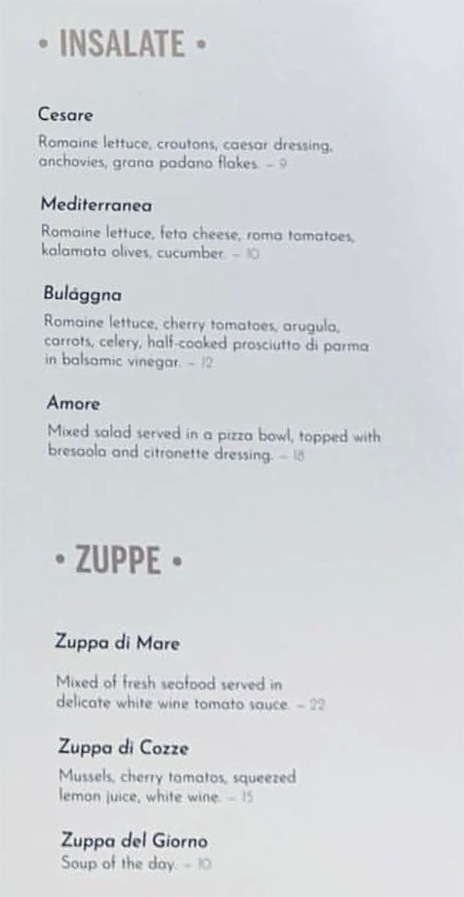 Osteria Amore menu - insalate, zuppe