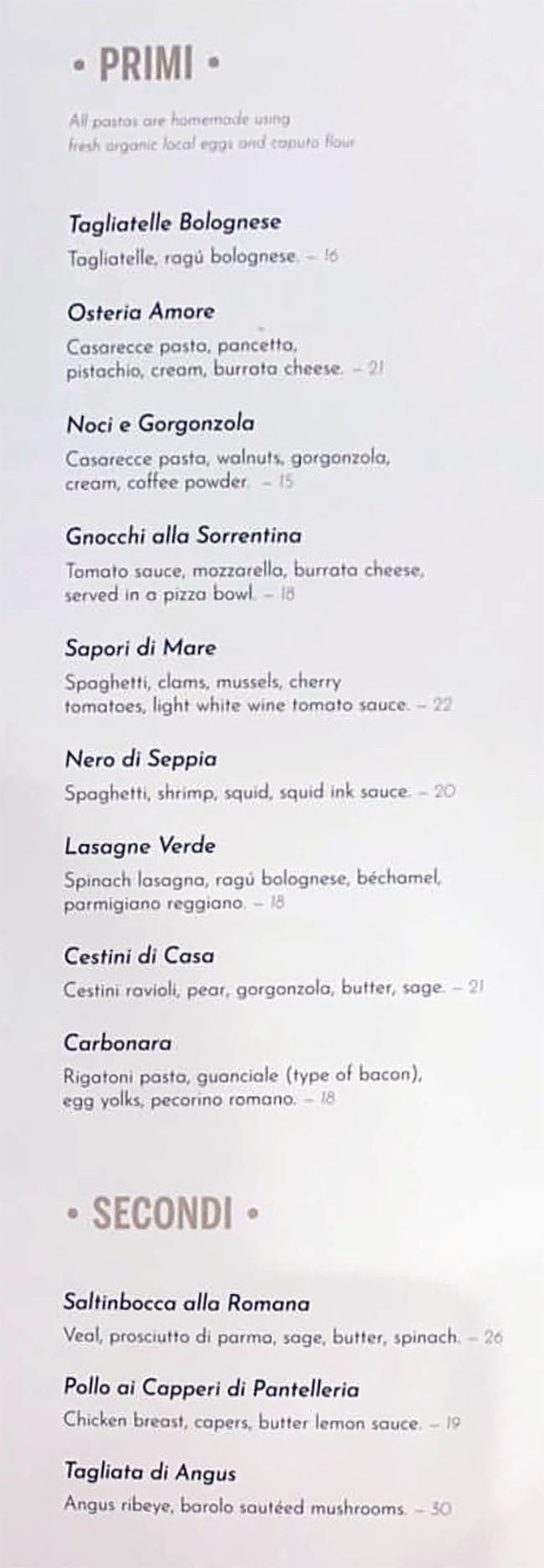 Osteria Amore menu - primi, secondi