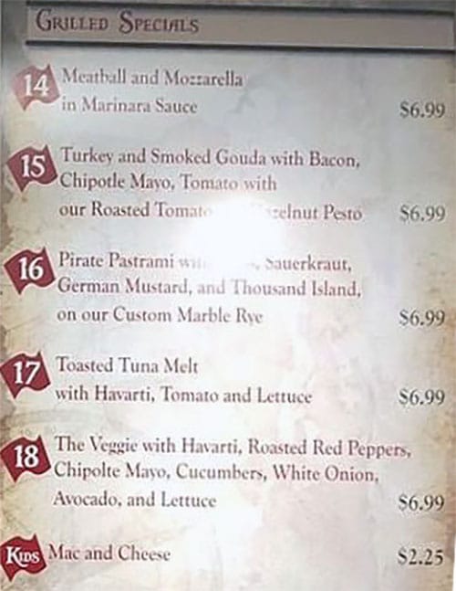 Pirate O's menu - grilled specials