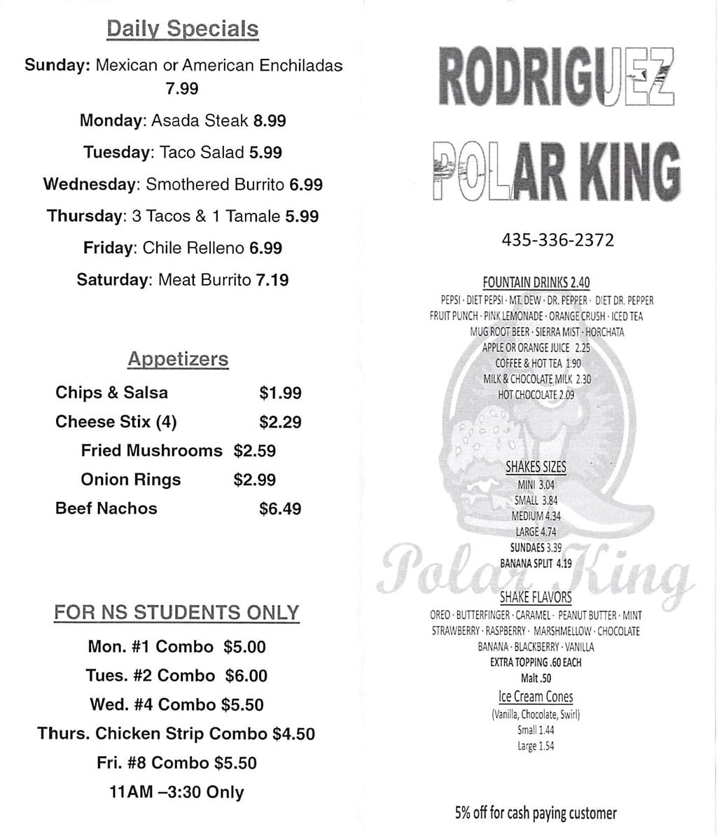 Polar King Drive-Inn menu - daily specials, appetizers, drinks, shakes